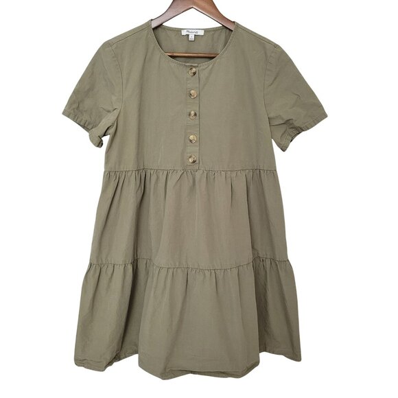 Madewell Dresses & Skirts - Madewell Button-Front Short-Sleeve Tiered Mini Dress Womens Size M Olive Green